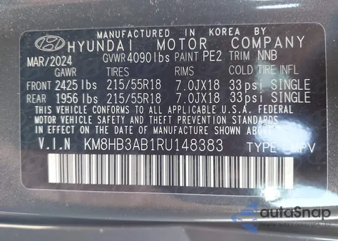 2024 Hyundai Kona Sel из США, поврежденный, VIN KM8HB3AB1RU148383